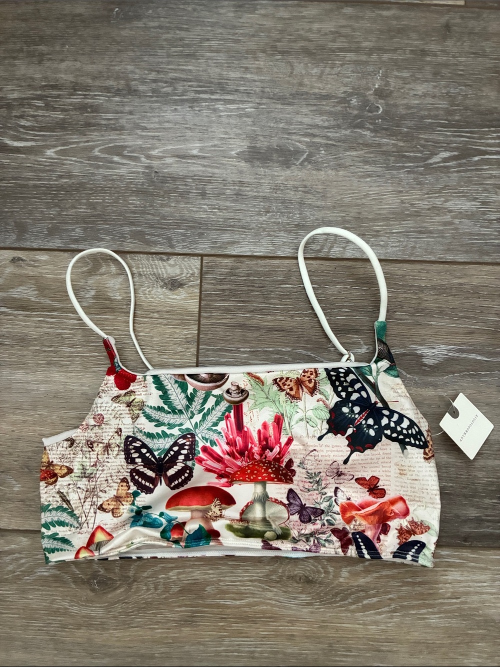 Anthropologie Butterfly & Floral Crop Cami - White, Red, Green, Black